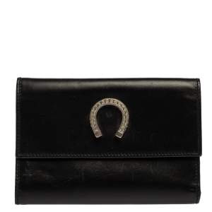 Moschino Black Leather Horseshoe Buckle Crystal Embellished Flap Compact Wallet