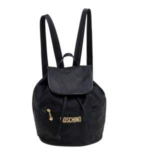Pre Owned Moschino Black Nylon Logo Flap Backpack