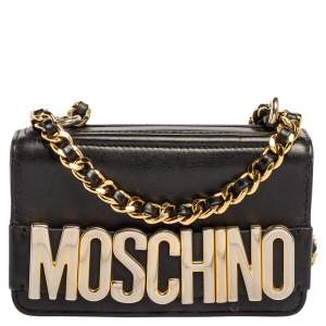 Moschino Black Leather Mini Logo Flap Chain Shoulder Bag 