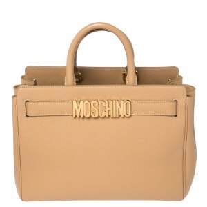 Pre Owned Moschino Beige Leather Logo Plaque Tote