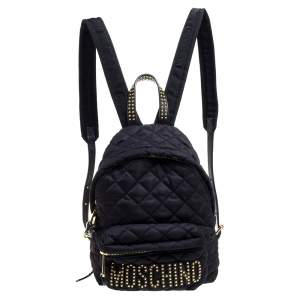 Pre Owned Moschino Black Nylon Quilted Logo Studded Backpack