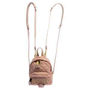 Pre Owned Moschino Peach Quilted Nylon and Leather Mini Backpack