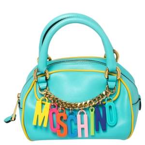 Moschino Turquoise/Yellow  Leather Logo Charm Satchel