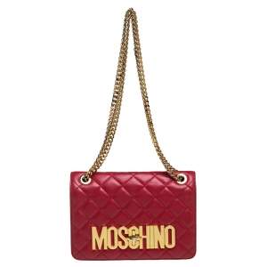 Moschino Red Quilted Leather Logo Flap Shoulder Bag