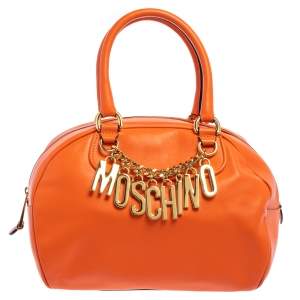 Moschino Orange Leather Logo Charm Bowling Bag