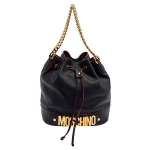 Moschino Black Leather Drawstring Bucket Bag