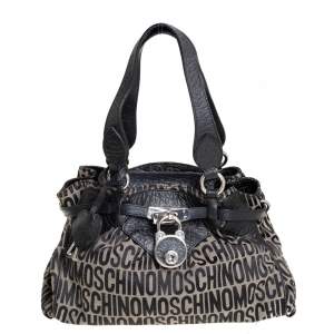Moschino Black Monogram Leather and Canvas Lock Tote