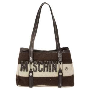 Moschino Brown/White Wool And Leather Logo Tote
