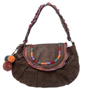 Moschino Brown Leather and Fabric Trim Pom Pom Hobo
