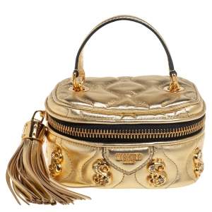 Moschino Gold Quilted Leather Mini Dollaro Top Handle Bag
