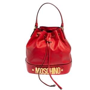 Moschino Red Leather Classic Logo Drawstring Bucket Bag