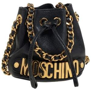 Moschino Black Leather Drawstring Bucket Crossbody Bag
