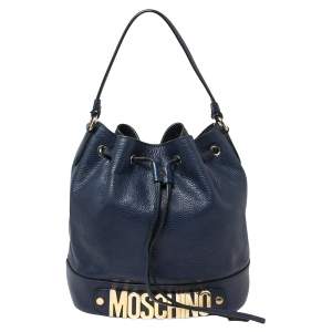 Moschino Blue Leather Drawstring Bucket Bag