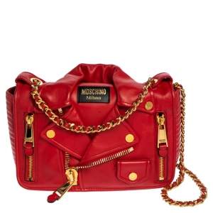 Moschino Red Leather Capsule Biker Jacket Shoulder Bag 