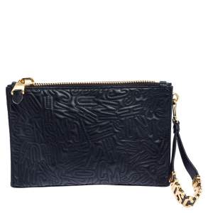 Moschino Black Logo Embossed Leather Wristlet Clutch