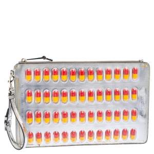 Moschino Silver Leather And PVC Pill Blister Wristlet Clutch