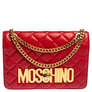 Moschino Red Quilted Leather Logo Flap Shoulder Bag