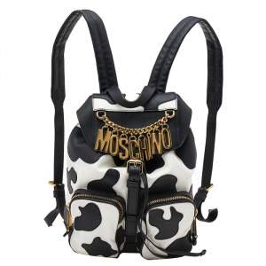 Pre Owned Moschino Black/White Leather Cow Motif Backpack