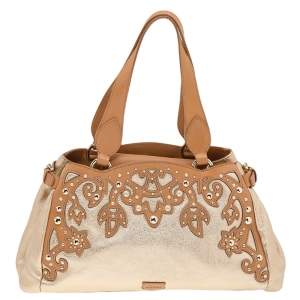 Pre Owned Moschino Metallic Gold/Brown Leather Studded Satchel