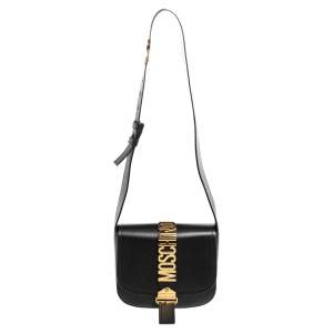 Moschino Black Leather Logo Belt Strap Crossbody Bag