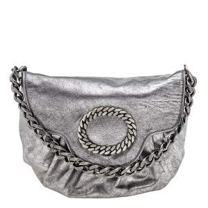 Pre Owned Moschino Metallic Silver Leather Chain Shoulder Bag