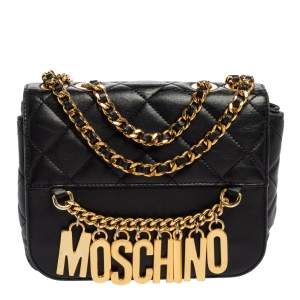 Moschino Black Quilted Leather Logo Chained Shoulder Bag 