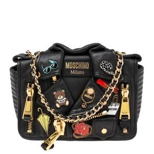Moschino Black Leather Biker Jacket Embellished Shoulder Bag