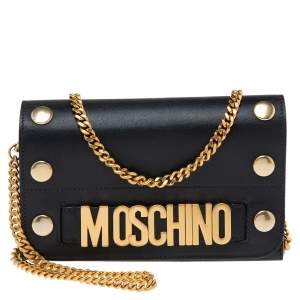 Pre Owned Moschino Black Leather Logo Flap Wallet on Chain