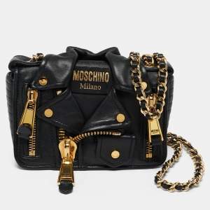 Pre Owned Moschino Black Leather Biker Jacket Crossbody Bag