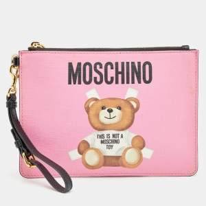 Moschino Pink Leather Teddy Bear Zip Pouch