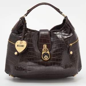 Moschino Dark Brown Croc Embossed Leather Hobo