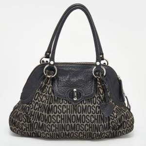Pre Owned Moschino Black/Beige Leather And Logo Canvas Satchel