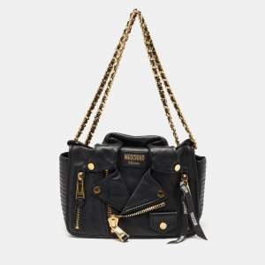 Pre Owned Moschino Black Leather Capsule Biker Jacket Shoulder Bag 