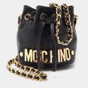 مملوكة مسبقًا Moschino Black Leather Mini Logo Drawstring Bucket Bag