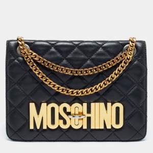 Pre Owned Moschino Black Quilted Leather Logo Flap Shoulder Bag