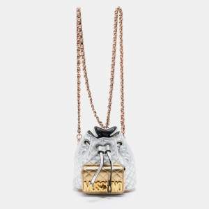 Moschino Metallic Silver Quilted Leather Logo Drawstring BackPack