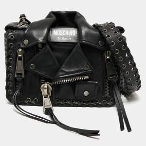 Pre Owned Moschino Black Leather Biker Jacket Cross Body Bag