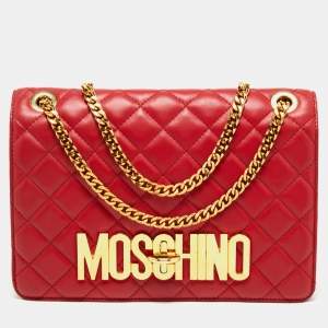 Pre Owned Moschino Red Quilted Leather Logo Flap Shoulder Bag
