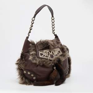 Moschino Brown Leather, Faux Fur, and Mink Studded Hobo