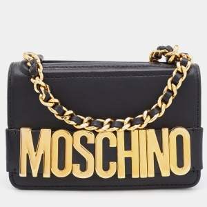 Pre Owned Moschino Black Leather Mini Logo Flap Chain Shoulder Bag