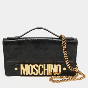 Pre Owned Moschino Black Leather Flap Chain Clutch