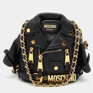 Moschino Black Leather Capsule Biker Jacket Shoulder Bag