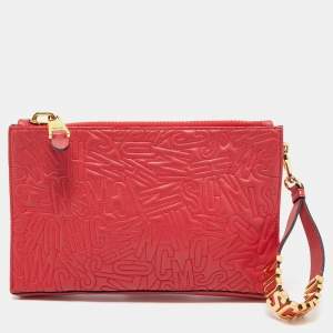 Moschino Red Embroidered Logo Leather Wristlet Clutch