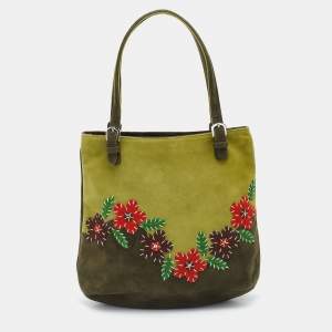 Moschino Two Tone Green Alcantara Embroidered Flowers Hobo