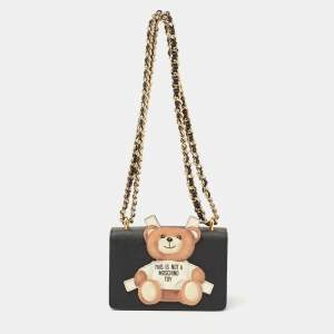 Pre Owned Moschino Black Leather Teddy Bear Tab Crossbody Bag