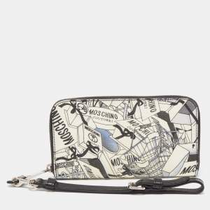 Pre Owned Moschino Black/White Printed Coated Canvas and Leather Zip Around Wristlet Wallet