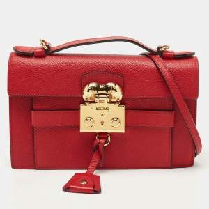 Moschino Red Leather Heart Clasp Flap Top Handle Bag