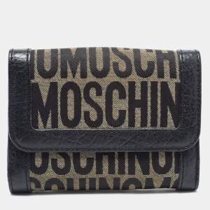 Pre Owned Moschino Black Monogram Canvas and Leather French Flap Wallet