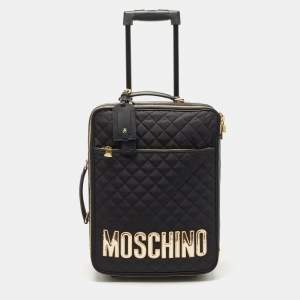 Moschino Black Quilted Nylon and Leather Classic Logo Carry On Rolling Luggage 