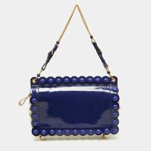 Pre Owned Moschino Purple/White Patent and Leather Studded Flap Shoulder Bag